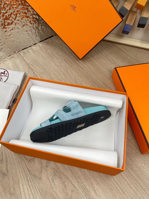 chypre sandal turquoise blue suede calfskin white thread embroidered