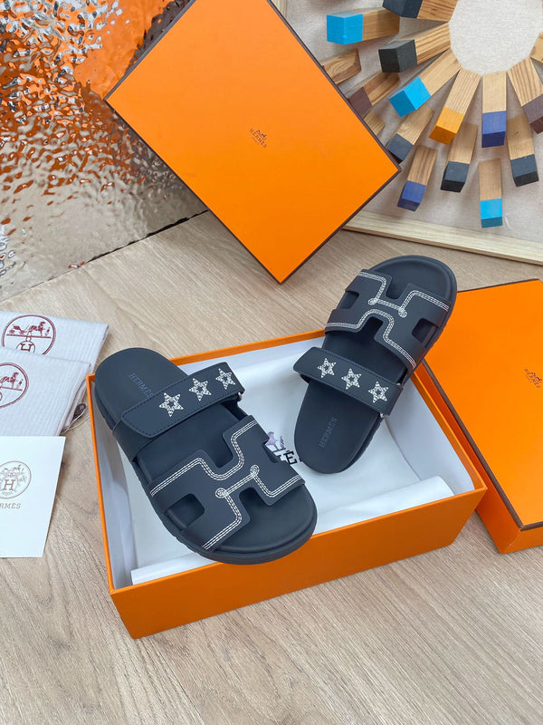 chypre sandal black calfskin white thread embroidered