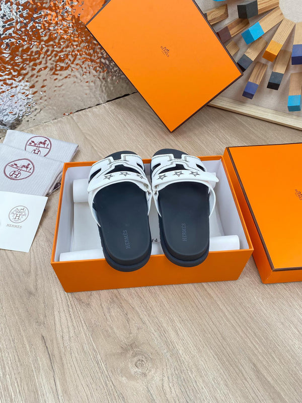 chypre sandal white black calfskin black thread embroidered