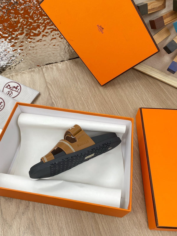 chypre sandal brown black calfskin white thread embroidered