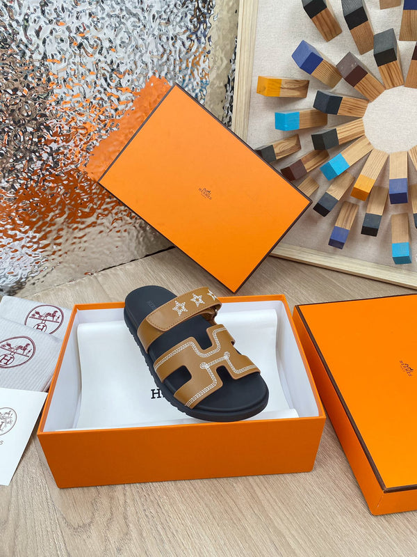 chypre sandal brown black calfskin white thread embroidered