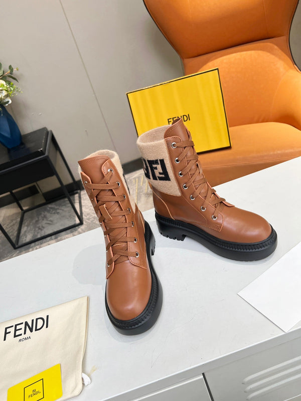 FENDI MARTIN BOOTS IN BRONZE BROWN CALFSKIN AND FUR
