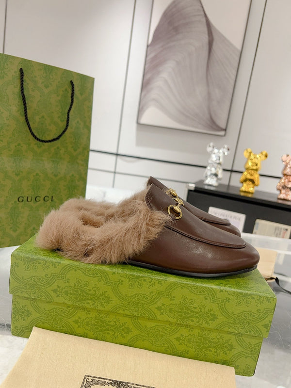 GG Princetown Slipper Brown Calfskin Tuscan Wool