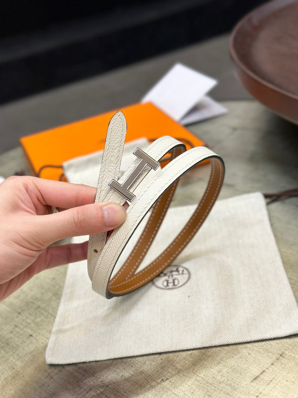 HM FOCUS BUCKLE & REVERSIBLE BRONZE BROWN AND WHITE LEATHER STRAP 13MM SILVER HARDWARE