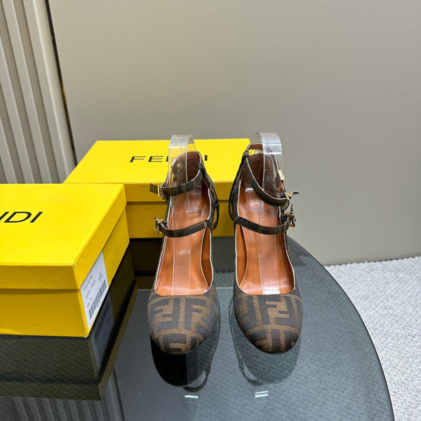 FENDI DELFINA HIGH-HEELED 85 MM SANDAL IN BROWN MONOGRAM FF CANVAS