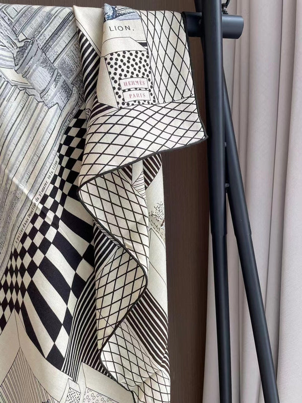 Square Scarf 140 CM In Black Mix White Silk 385353