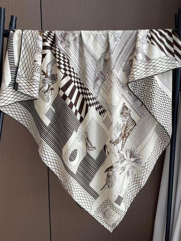 Square Scarf 140 CM In Black Mix White Silk 385353