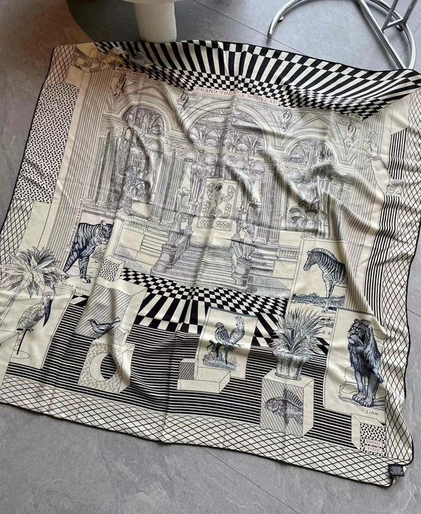 Square Scarf 140 CM In Black Mix White Silk 385353