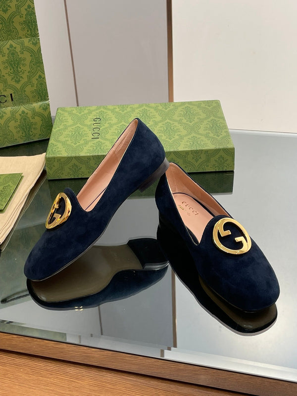 BLONDIE LOGO-PLAQUE LOAFERS IN SPACE BLUE SUEDE