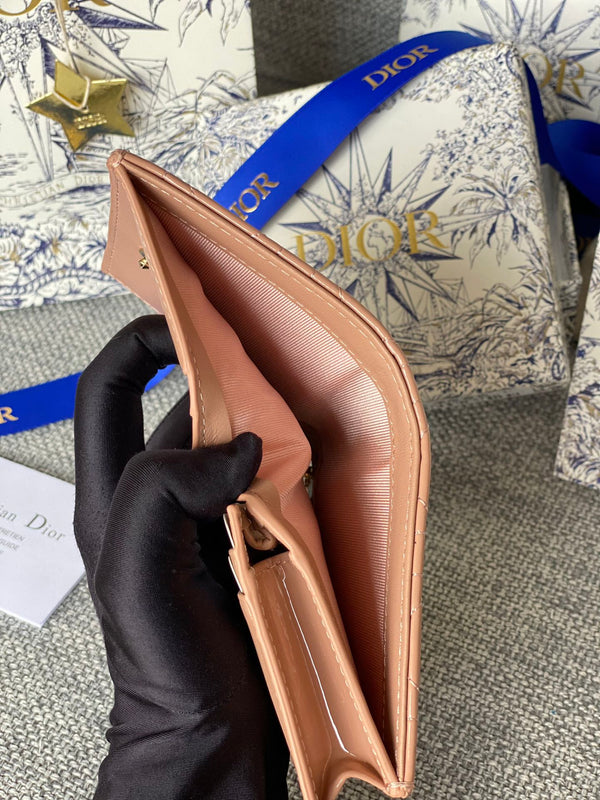 CD Caro 11cm Compact Wallet Shiny Dark Beige Calfskin