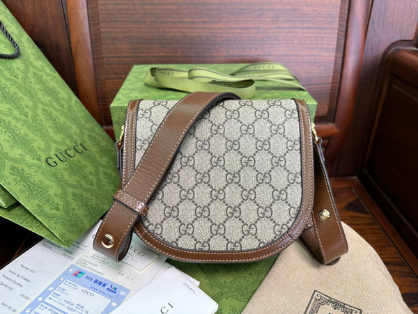 GG 18 HORSEBIT 1955 MINI BAG TELA BEIGE E PELLE DI VITELLO EBANO