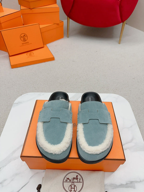 HM Go Mule Teal-gray White Suede Lined With Wool Fleece 476592