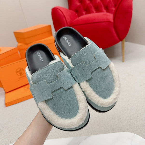 HM Go Mule Teal-gray White Suede Lined With Wool Fleece 476592