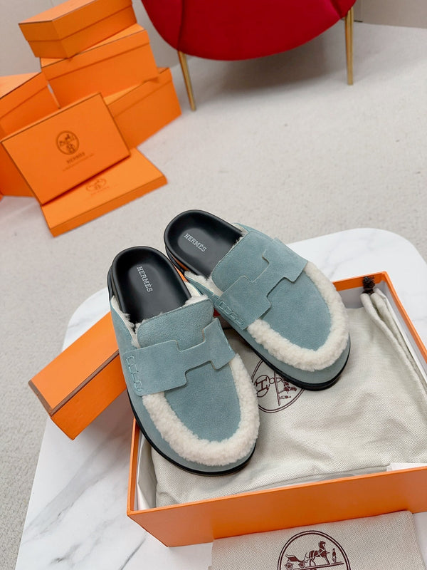 HM Go Mule Teal-gray White Suede Lined With Wool Fleece 476592