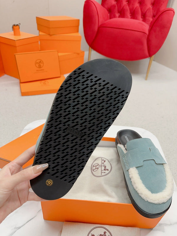 HM Go Mule Teal-gray White Suede Lined With Wool Fleece 476592