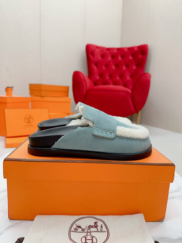 HM Go Mule Teal-gray White Suede Lined With Wool Fleece 476592