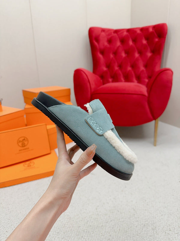 HM Go Mule Teal-gray White Suede Lined With Wool Fleece 476592