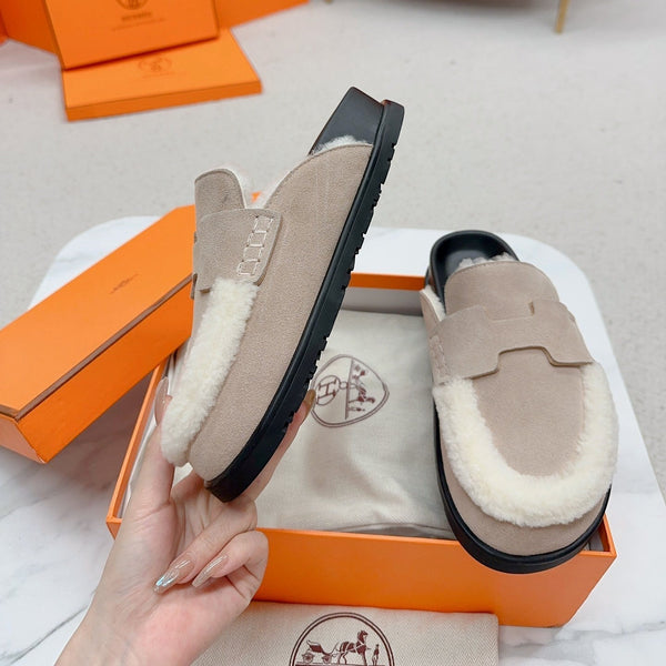 HM Go Mule Taupe Mix White Suede Lined With Wool Fleece 476594