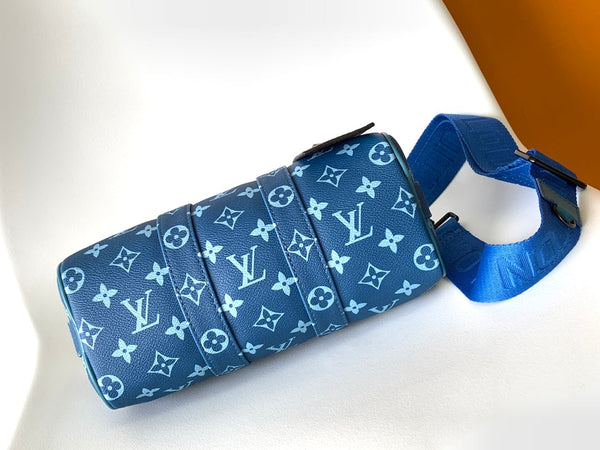 LV 21s Keepall Bandoulière 25 Blue Monogram Canvas & Cowhide