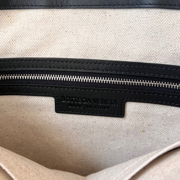 PORTELLO 41 TOTE IN BLACK CALFSKIN AND WHITE CANVAS