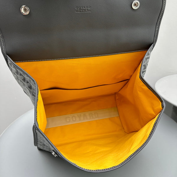 LEGER BACKPACK 37 IN GRAY GOYARDINE CANVAS WITH CALFSKIN TRIM