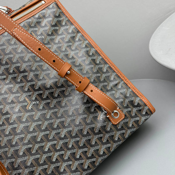 LEGER BACKPACK 37 IN BLACK GOYARDINE CANVAS WITH TAN CALFSKIN TRIM