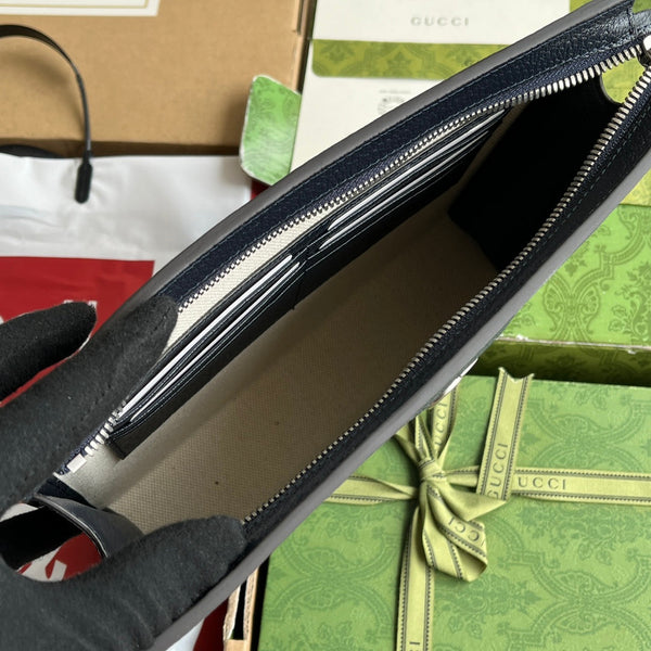 BORSA OPHIDIA 26 IN TELA MONOGRAMMA BLU SCURO E FINITURE IN PELLE DI AGNELLO NERA