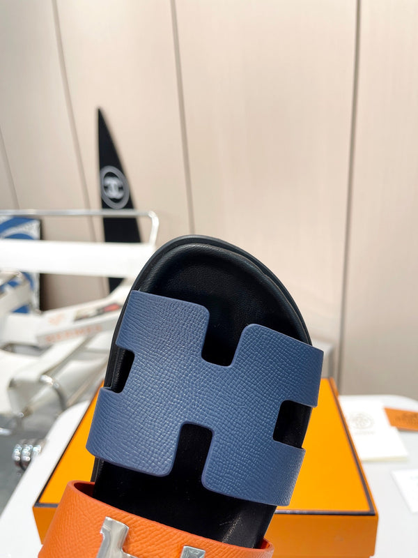 HM CHYPRE SANDAL INDIGO AND TIGER WITH H-BUCKLE CALFSKIN