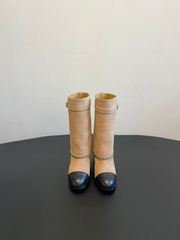 CC Short Boots Dark Beige With Chain Suede And Cowhide  944965