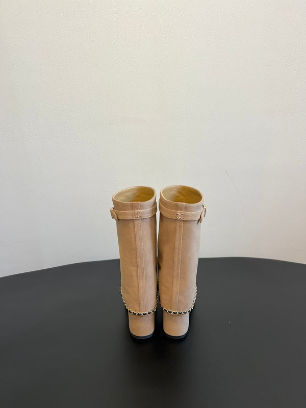 CC Short Boots Dark Beige With Chain Suede And Cowhide  944965