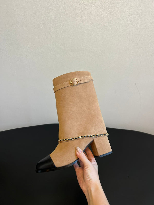 CC Short Boots Dark Beige With Chain Suede And Cowhide  944965