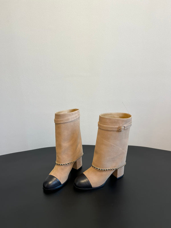 CC Short Boots Dark Beige With Chain Suede And Cowhide  944965