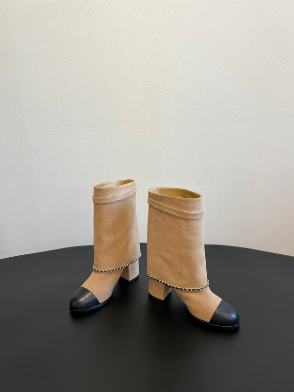 CC Short Boots Dark Beige With Chain Suede And Cowhide  944965