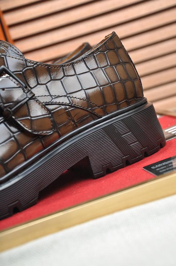 HM MONK STRAP CARAMEL WITH CROCODILE MOTIF CALFSKIN