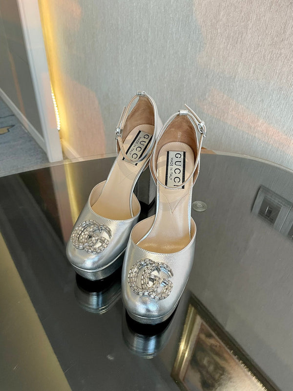 platform pump 12cm with double g silver metalic patent leather