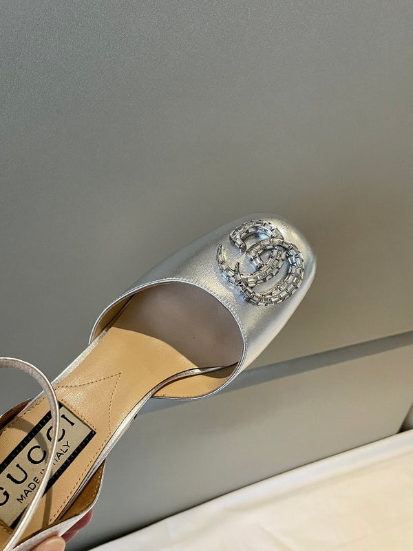 platform pump 12cm with double g silver metalic patent leather