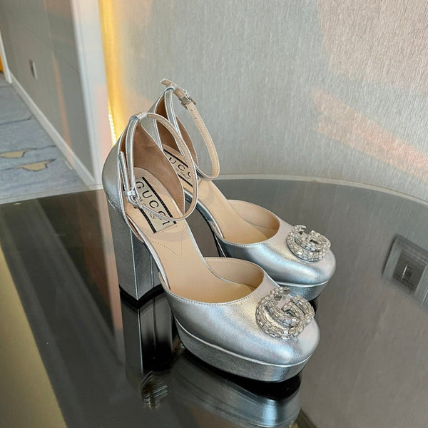 platform pump 12cm with double g silver metalic patent leather