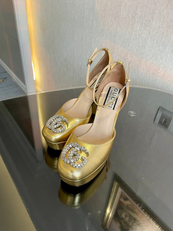 platform pump 12cm with double g gold metalic patent leather