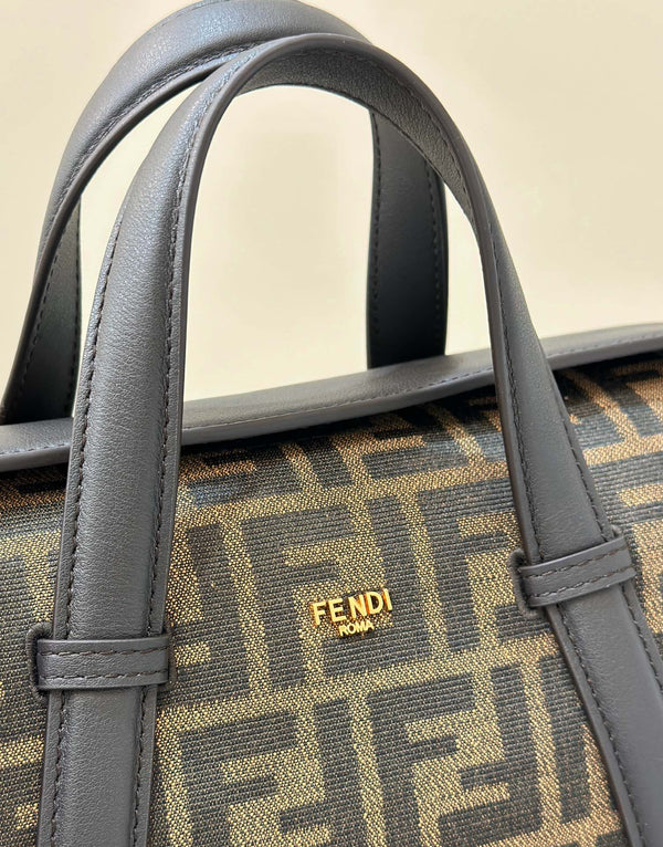 FENDI 27 BAG IN BROWN MIX BLACK JACQUARD FABRIC WITH CALFSKIN