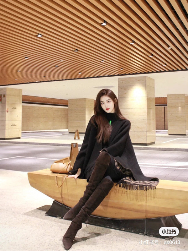 FF 170 CM SCARF IN CAMEL BROWN MIX BLACK CASHMERE AND WOOL