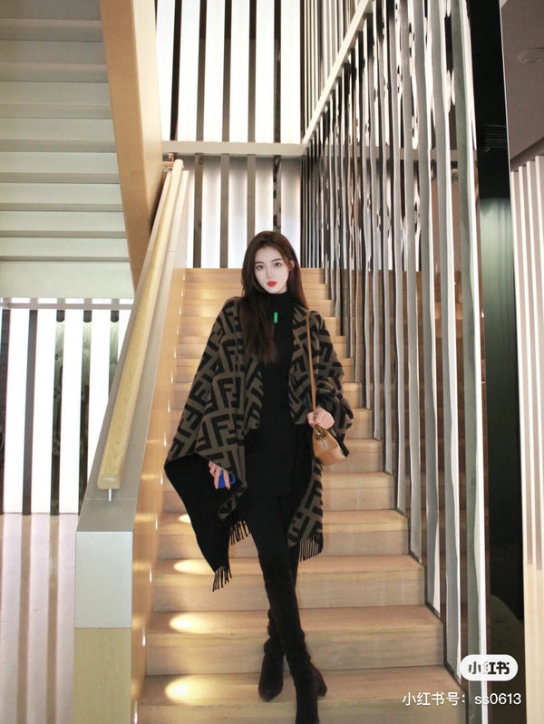 FF 170 CM SCARF IN CAMEL BROWN MIX BLACK CASHMERE AND WOOL