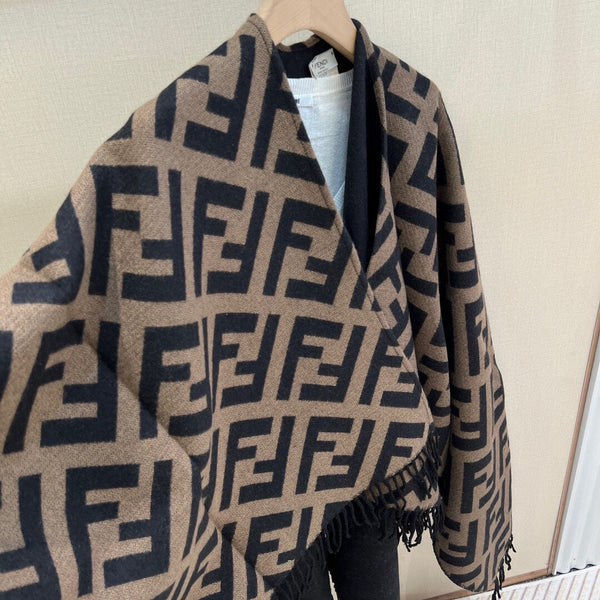FF 170 CM SCARF IN CAMEL BROWN MIX BLACK CASHMERE AND WOOL