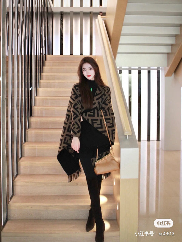 FF 170 CM SCARF IN CAMEL BROWN MIX BLACK CASHMERE AND WOOL