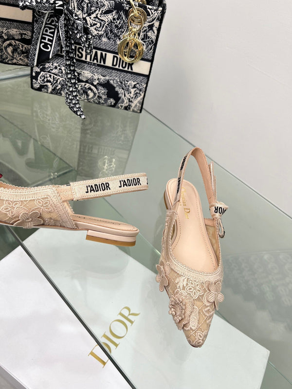 J'Adior Slingback Pump In Beige Floral Embroidered Lace Fabric 100840