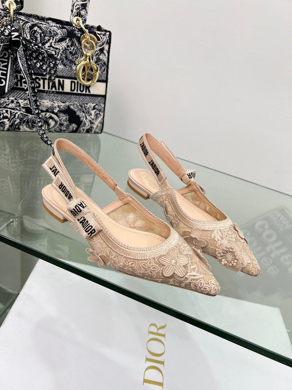 J'Adior Slingback Pump In Beige Floral Embroidered Lace Fabric 100840