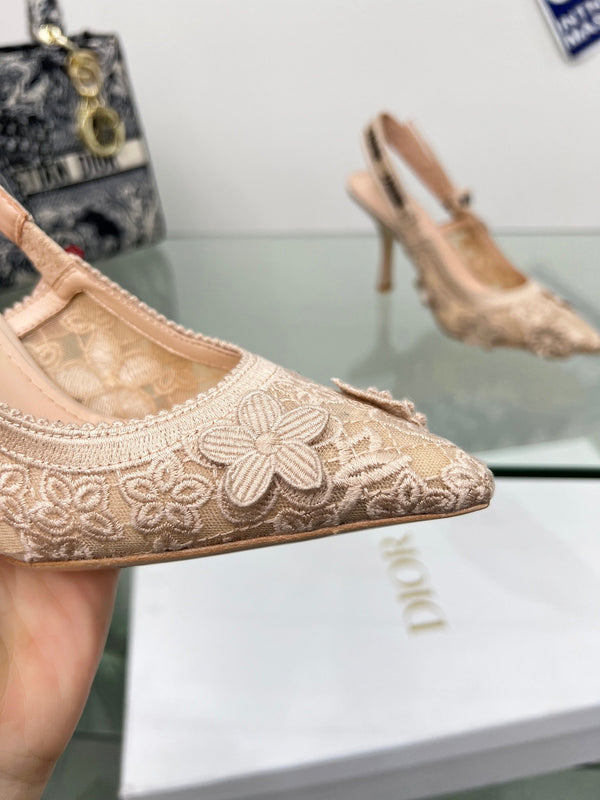 J'Adior Slingback Pump 95mm In Beige Floral Embroidered Lace Fabric 100842