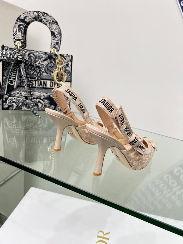 J'Adior Slingback Pump 95mm In Beige Floral Embroidered Lace Fabric 100842