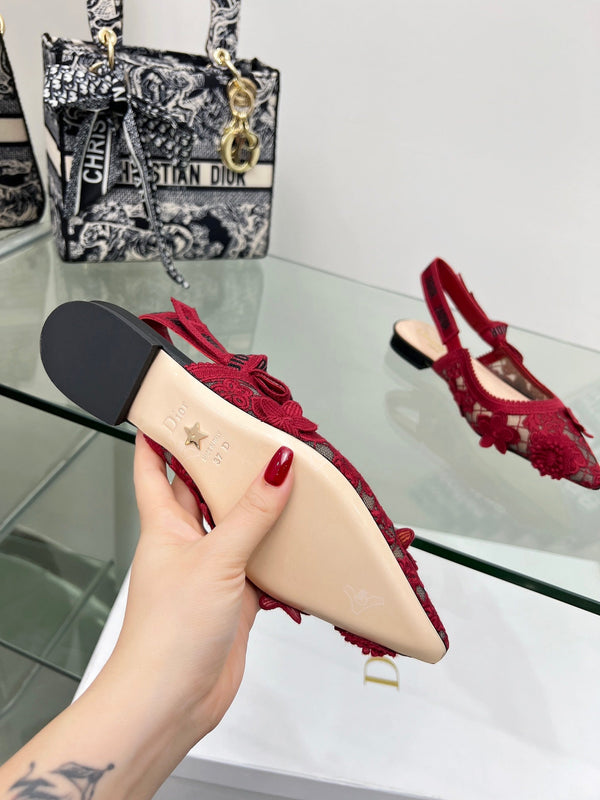 J'Adior Slingback Pump In Red Floral Embroidered Lace Fabric 100844