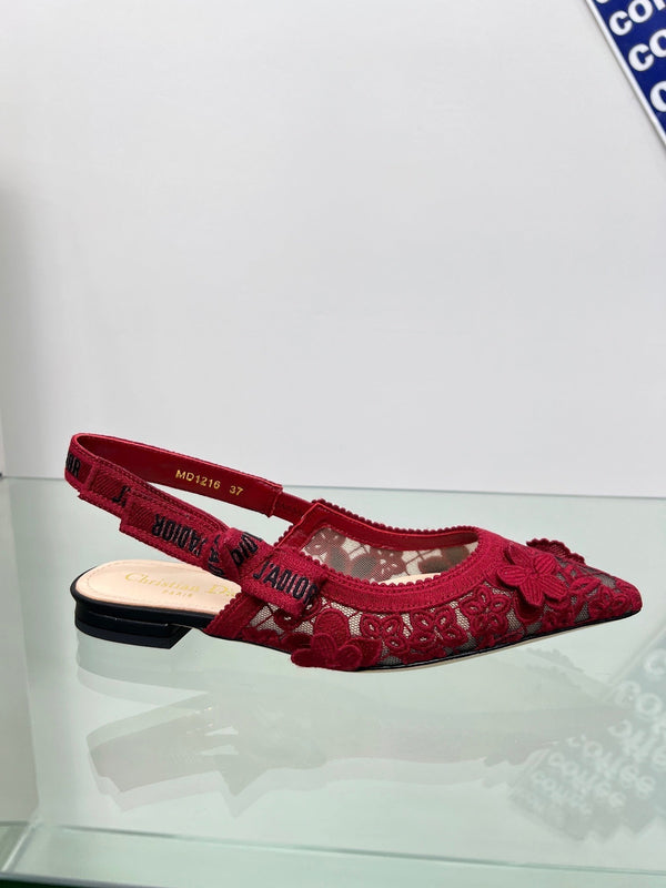 J'Adior Slingback Pump In Red Floral Embroidered Lace Fabric 100844