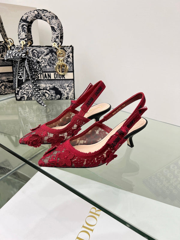 J'Adior Slingback Pump 65mm In Red Floral Embroidered Lace Fabric 100845